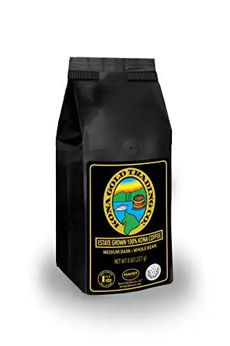 Kona Gold Coffee Whole Beans - 8 oz, by Kona Gold Rum Co. - Medium/Dark Roast Extra Fancy - 100% Kona Coffee