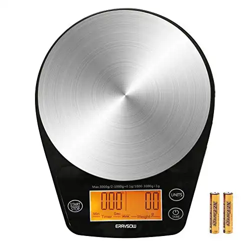 ERAVSOW Coffee Scale with Timer, Digital Hand Drip Coffee Scales,Stainless Steel Kitchen Food Weight Scale with Precision Sensors LCD Display & Hanger Hole 6.6lb/3kg (Batteries Include)