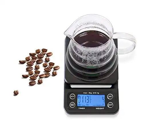 HuiSmart Digital Coffee Scale with Timer and Tare Function 0.1g, Multifunctional Kitchen Scales Food Scales 6.6lb/3kg, LCD W/Blue Backlit,Batteries Included,Black