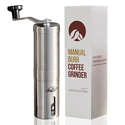 JavaPresse Manual Coffee Grinder with Adjustable Setting - Conical Burr Mill & Brushed Stainless Steel Whole Bean Burr Coffee Grinder for Aeropress, Drip Coffee, Espresso, French Press, Turkish Br...