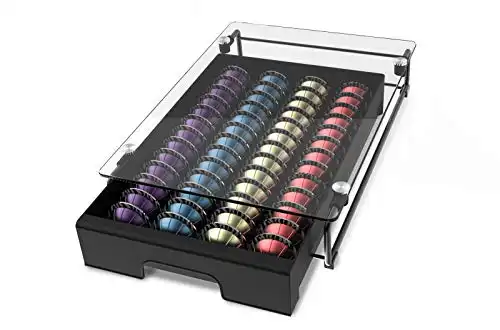 EVERIE Crystal Tempered Glass Top Organizer Drawer Holder Compatible with Nespresso Vertuo Capsules, Compatible with 40 Big or 52 Small Vertuoline Pods