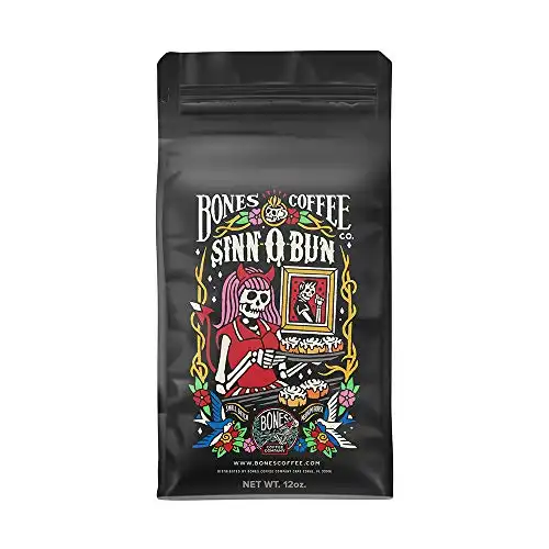 Bones Coffee Company Flavored Coffee Beans Sinn-O-Bunn | 12 oz Cinnamon Bun Whole Bean & Ground for Cold Brew Coffee | Low Acid Medium Roast Gourmet Coffee Beans in Cinnamon Roll Flavor (Whole Bea...