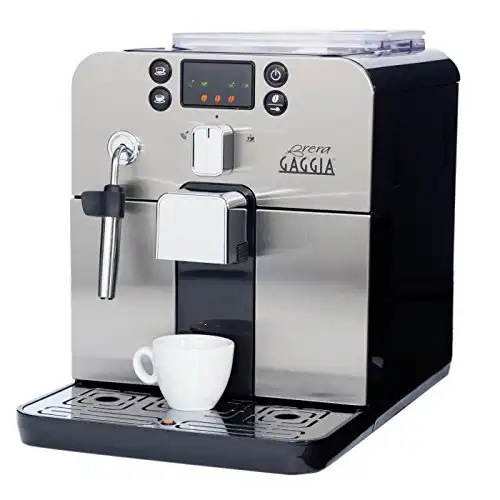 Gaggia Brera Super Automatic Espresso Machine in Black. Pannarello Wand Frothing for Latte and Cappuccino Drinks. Espresso from Pre-Ground or Whole Bean Coffee.