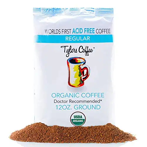 Tyler’s No Acid Organic Ground Coffee - 100% Arabica Full Flavor - Neutral pH - No Bitter Aftertaste - Gentle on Digestion, Reduce Acid Reflux - Protect Teeth Enamel - For No Acid Diets - 12 oz