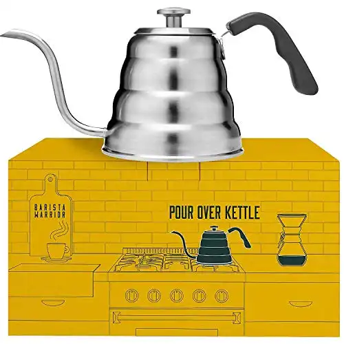Barista Warrior Stainless Steel Pour Over Coffee & Tea Kettle with Thermometer for Exact Temperature - Gooseneck Spout Pots - Kitchen Appliances & Dorm Essentials (1.2 Liter, 40 fl oz)
