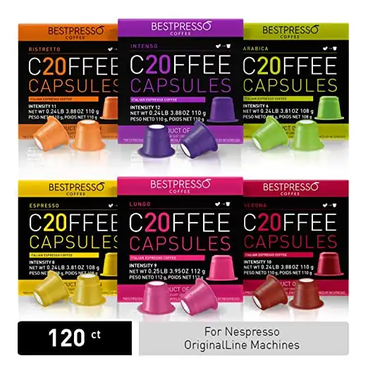 Bestpresso Coffee for Nespresso Original Machine 120 pods Certified Genuine Espresso Variety Pack Pods